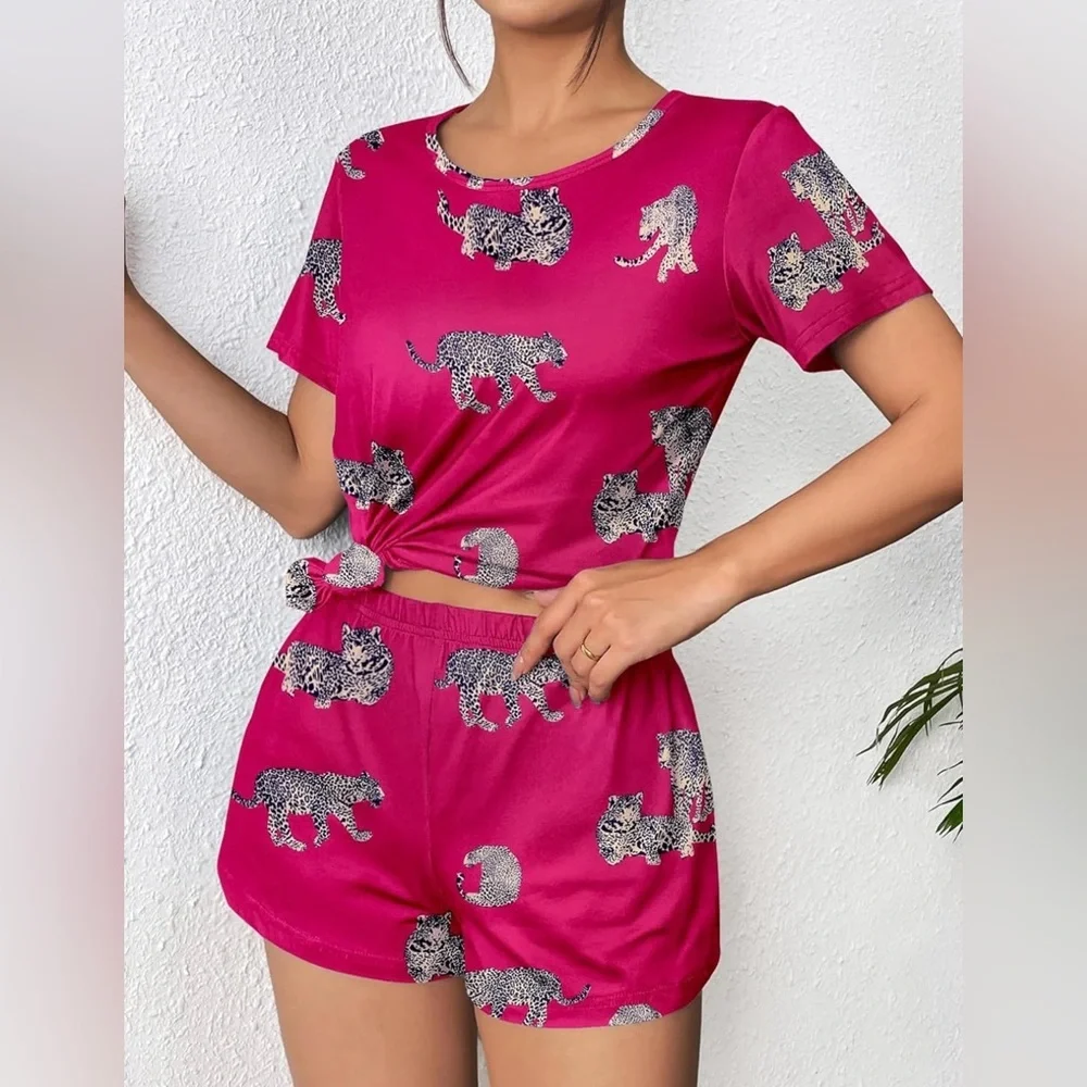Womens Pink/Black 2 Piece Pajama Set Short Sleeve Shirt and Shorts | NEW!!🖤💗 - Picture 2 of 6